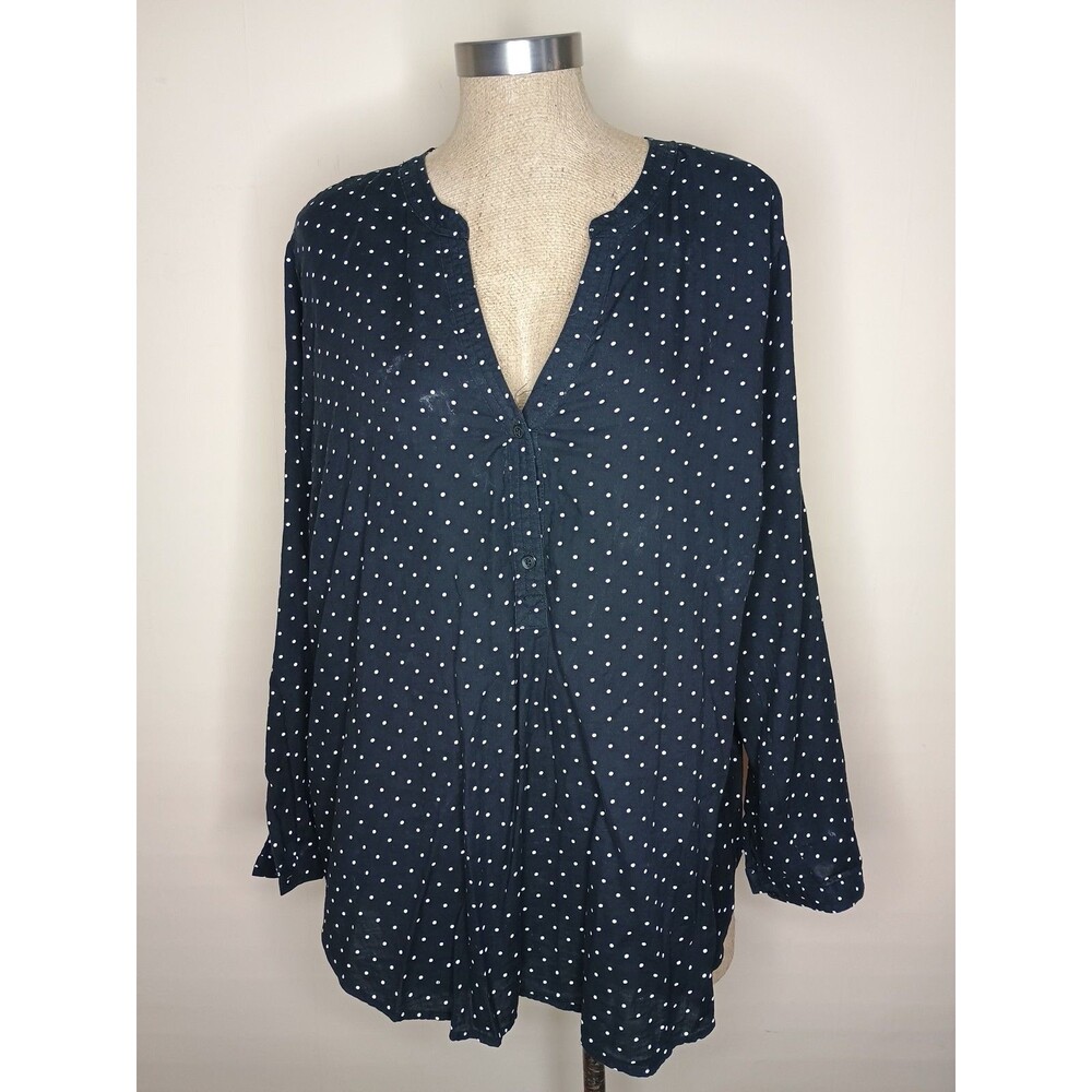 Old Navy Tunic Top Womens XL Black Polka Dot Cotton Long Sleeve Button Up